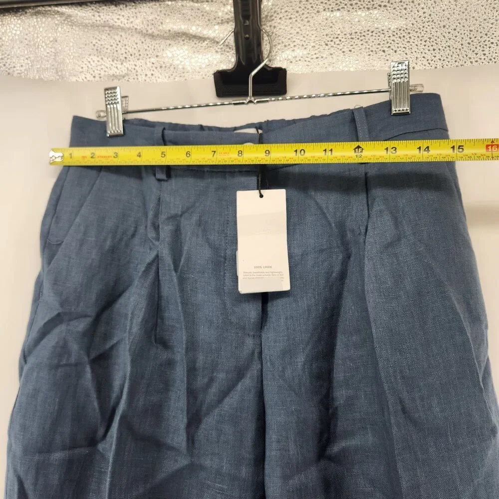 MNG Mango Women's Size 6 Blue Pleated‎ Detail Straight Fit Linen Pants NWT